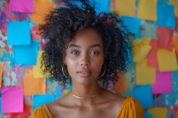 A young woman with curly hair and hoop earrings stands in front of a colorful sticky note wall wearing a yellow top
