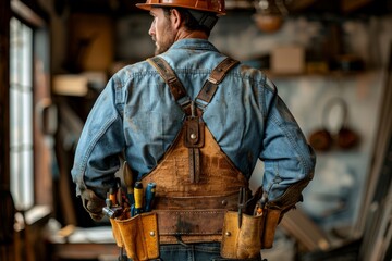 The image captures the back of a worker wearing a well-stocked leather tool belt, hinting at craftsmanship and skill