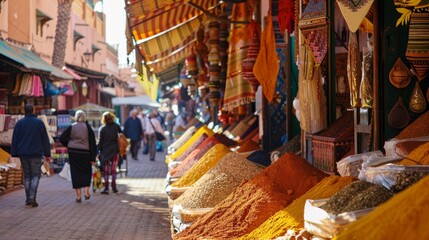 Bustling local street market in Marrakech, vibrant spices and textiles displayed under colorful tents, --ar 16:9