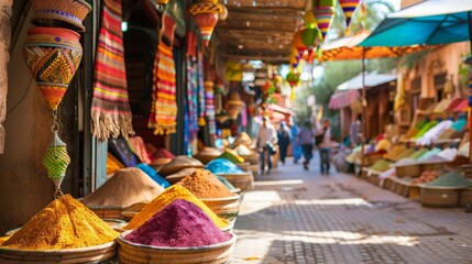 Bustling local street market in Marrakech, vibrant spices and textiles displayed under colorful tents, --ar 16:9 - obrazy, fototapety, plakaty