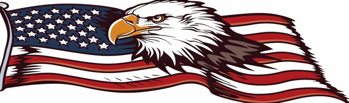 An eagle is on top of a red, white, and blue American flag