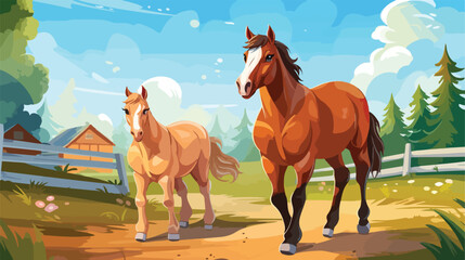 Beautiful horses on farm .. 2d flat cartoon vactor