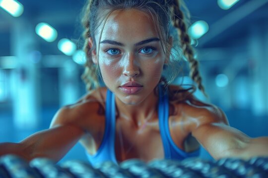 Close-up shot of a fit young woman intensely working out with battle ropes in a gym setting, highlighting her dedication
