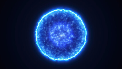 Blue energy magic sphere round hi-tech light digital ball space planet star made of futuristic light rays lines and energy particles. Abstract background