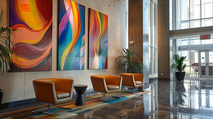 Corporate building lobby showcasing large modern art pieces, abstract and dynamic, --ar 16:9