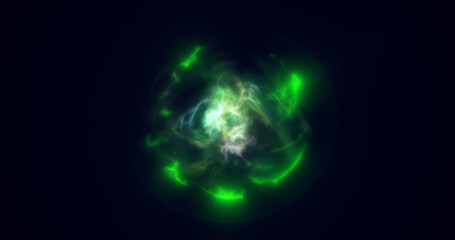 Spinning green energy sphere digital atom hi-tech ball futuristic magic circle glowing bright force field abstract background