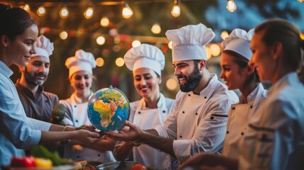 Culinary chefs from different cultures holding a globe at a food festival, celebrating global...