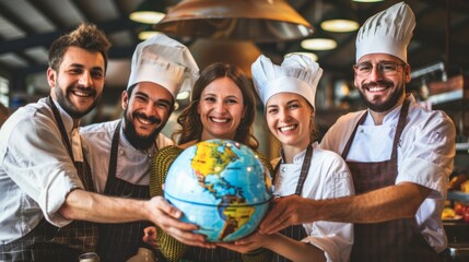 Culinary chefs from different cultures holding a globe at a food festival, celebrating global cuisine, --ar 16:9 - obrazy, fototapety, plakaty