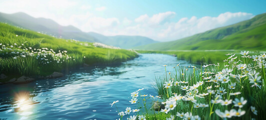 A serene landscape featuring a clear river meandering through a lush green field with daisies under a blue sky. Ideal for capturing the essence of tranquility and nature's beauty. - Powered by Adobe