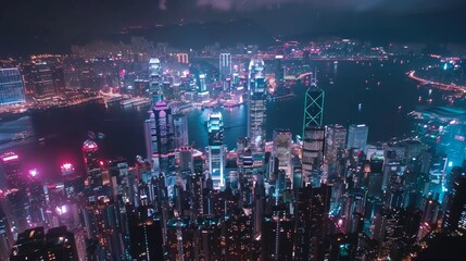 Dynamic aerial shot of the Hong Kong skyline at night, dazzling array of lights and colors, --ar 16:9