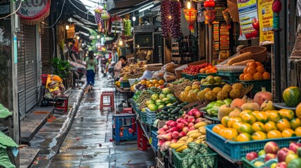 Early morning setup at a local street market in Bangkok, vendors preparing stalls with exotic fruits and vegetables, --ar 16:9