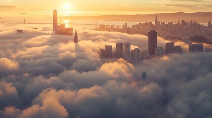Ethereal fog over the San Francisco skyline with the Golden Gate Bridge barely visible, --ar 16:9 - obrazy, fototapety, plakaty