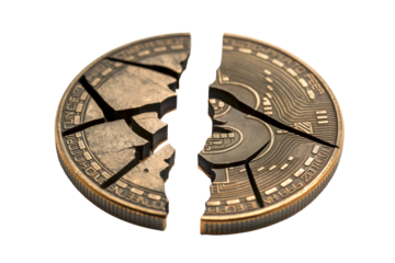 Cracked coins on a transparent background. Financial crisis concept.