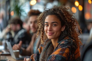 Obraz premium A cheerful woman with curly hair smiling in a cafe with friends blurred in the background