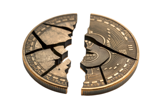 Cracked coins on a transparent background. Financial crisis concept.