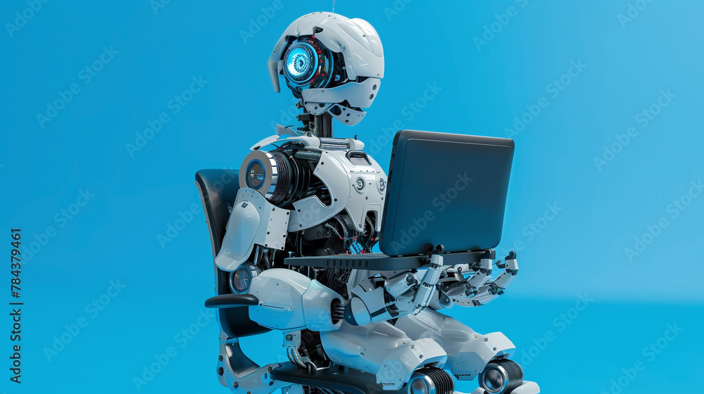Aufkleber artificial intelligence robots using laptop computers with blue background chatbot technology and ai