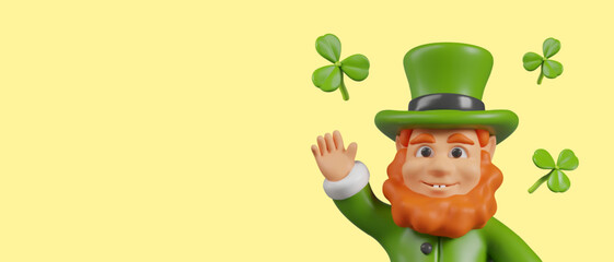 Friendly leprechaun waves, four leaf clover falls all around. Irish spring festival poster