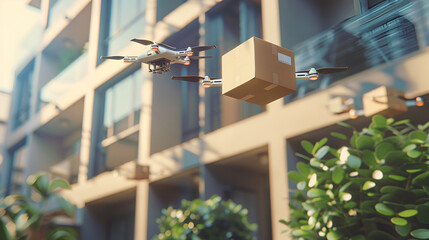 Drone flying over city with box. Drone delivering package. Fast delivery in future, drone flying with carton box on blurred city background. Concept of remote control and drone delivery service. 