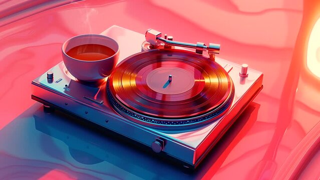 Lofi gramophone and coffee cup, world music day concept. seamless looping 4k time-lapse animation video background