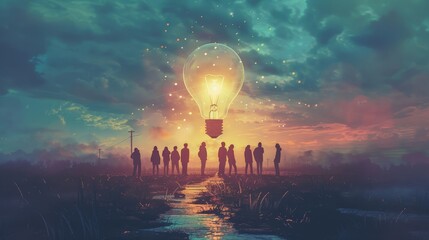 Invention and Discovery: A 3D vector illustration of a lightbulb floating above a group of people - obrazy, fototapety, plakaty