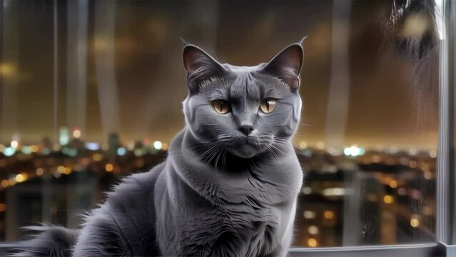 A grayscale image of a thoughtful cat gazing over an urban cityscape from a high vantage point.