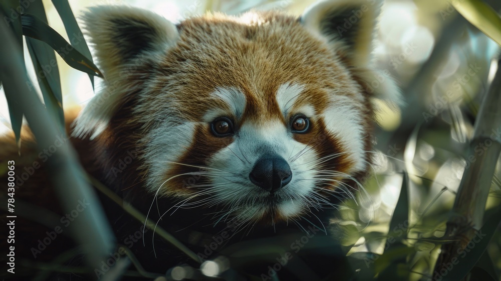 Poster close up of a red panda in a tree, suitable for nature and wildlife themes