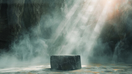 naturally shaped black stone podium humid cave enveloped in mist with light - obrazy, fototapety, plakaty