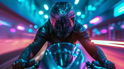 Rolgordijnen A motorcyclist rides fast in neon lights. © Nikolay