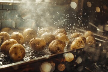 A bunch of potatoes cooking in the oven. Perfect for food blogs or recipe websites - obrazy, fototapety, plakaty