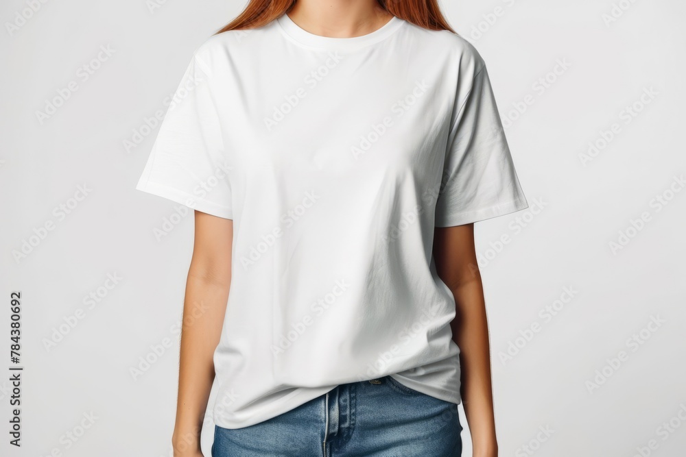 Canvas Prints A young woman in a white t shirt on a white background.