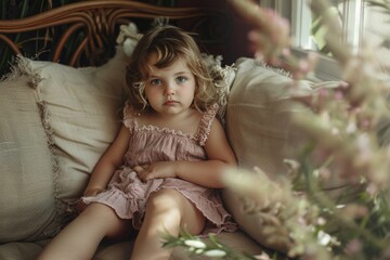 A little girl sitting on a comfortable couch, suitable for various uses