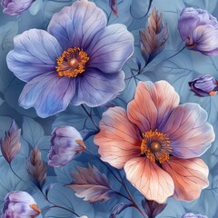 The background is blue, and the pattern is seamless with delicate flowers. - obrazy, fototapety, plakaty
