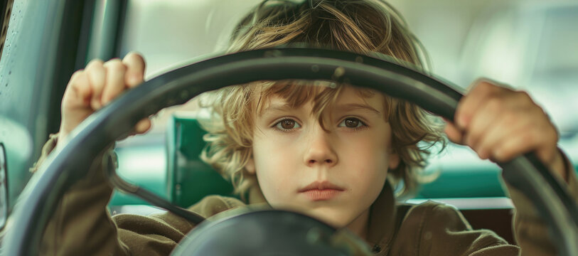 A young boy sitting behind the wheel of a car. Suitable for educational materials or driving safety campaigns