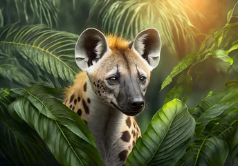 Wandcirkels aluminium Hyena in tropical leaves portrait, elegant tropical animal, wild rainforest animal portrait © ImagiNature