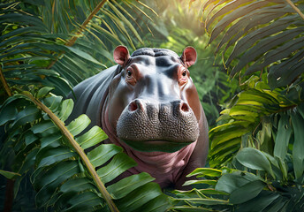 Hippoptamus in tropical leaves portrait, elegant tropical animal, wild rainforest hippo portrait