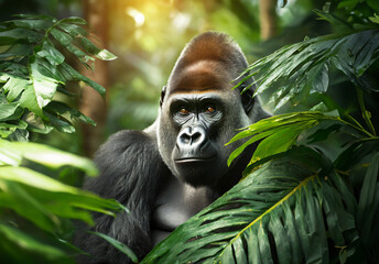 Gorilla in tropical leaves portrait, elegant tropical animal, wild rainforest animal portrait