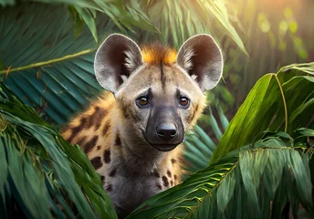 Badkamer foto achterwand Hyena in tropical leaves portrait, elegant tropical animal, wild rainforest animal portrait © ImagiNature
