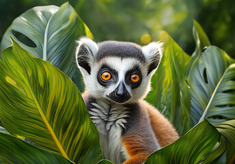 Ring-tailed lemur in tropical leaves portrait, elegant tropical animal, wild rainforest animal portrait - obrazy, fototapety, plakaty
