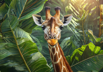 Giraffe in tropical leaves portrait, elegant tropical animal, wild rainforest animal portrait