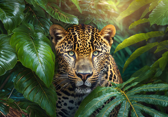 Leopard in tropical leaves portrait, elegant tropical animal, wild Leopard rainforest animal portrait