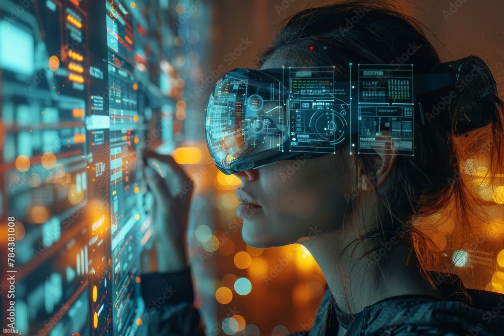Poster a woman utilizes a futuristic virtual reality interface with holographic graphics and data visualiza
