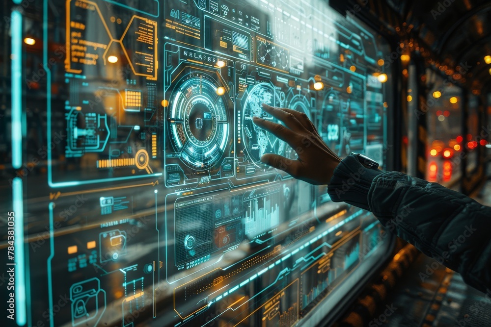 Poster a person engages with a high-tech touchscreen display filled with detailed data and holographic elem
