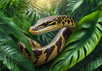 Fototapeta premium Python snake in tropical leaves portrait, elegant tropical animal, wild rainforest animal portrait