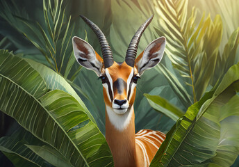 Antelope in tropical leaves portrait, elegant tropical animal, wild rainforest animal portrait - obrazy, fototapety, plakaty