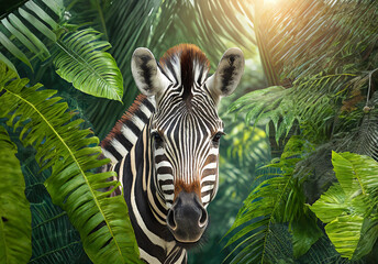 Zebra in tropical leaves portrait, elegant tropical animal, wild rainforest animal portrait