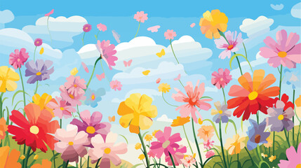Blossoming colorful flowers in the sky 2d flat cartoon