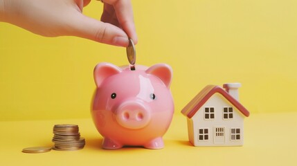 豚の貯金箱と家の模型、家を買うために貯金をするイメージ
