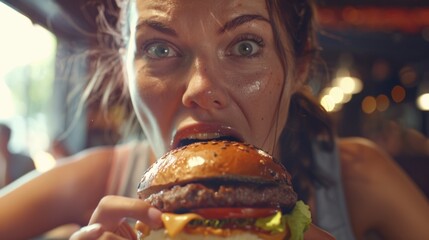 A woman enjoying a messy hamburger with lots of sauce. Perfect for food blogs or restaurant...