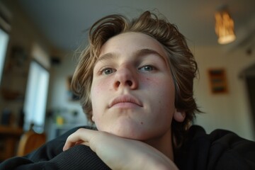 Close-up of a person sitting at a table. Suitable for various concepts