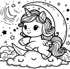 Cute little unicorn black outline children coloring book.